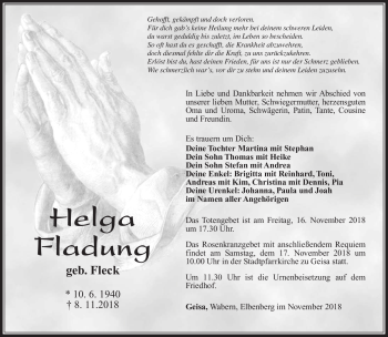 Traueranzeige von Helga Fladung von Südthüringer Presse