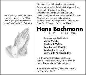 Traueranzeige von Hans Bachmann von Südthüringer Presse