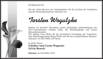 Traueranzeige von Torsten Wogatzke von Südthüringer Presse