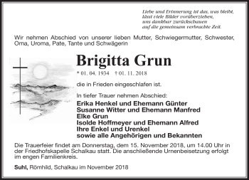 Traueranzeige von Brigitta Grun von Südthüringer Presse