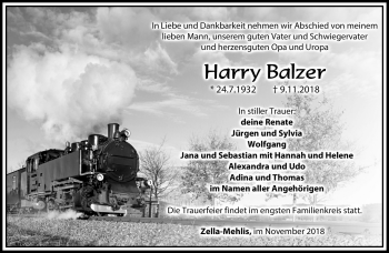 Traueranzeige von Harry Balzer von Südthüringer Presse