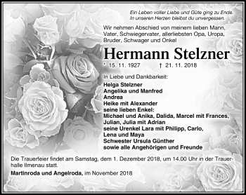 Traueranzeige von Hermann Stelzner von Südthüringer Presse