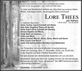 Traueranzeige von Lore Thees von Südthüringer Presse