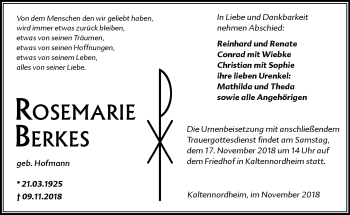 Traueranzeige von Rosemarie Berkes von Südthüringer Presse