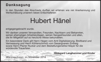 Traueranzeige von Hubert Hänel von Neue Presse Coburg