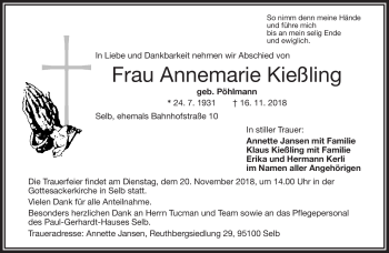 Traueranzeige von Annemarie Kießling von Frankenpost