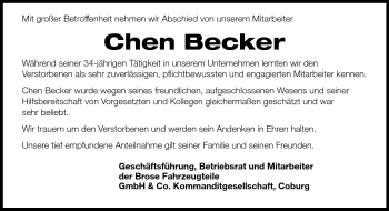 Traueranzeige von Chen Becker von Neue Presse Coburg