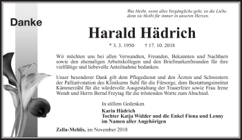 Traueranzeige von Harald Hädrich von Südthüringer Presse