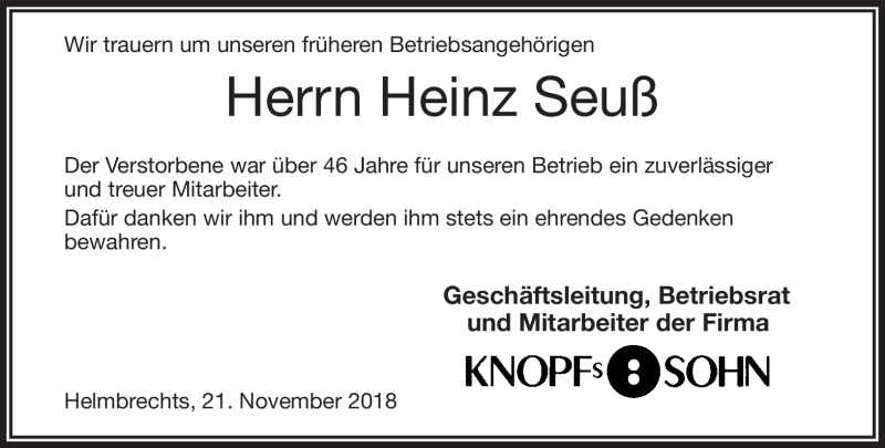  Traueranzeige für Heinz Seuß vom 21.11.2018 aus Frankenpost