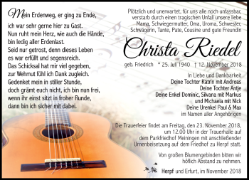 Traueranzeige von Christa Riedel von Südthüringer Presse