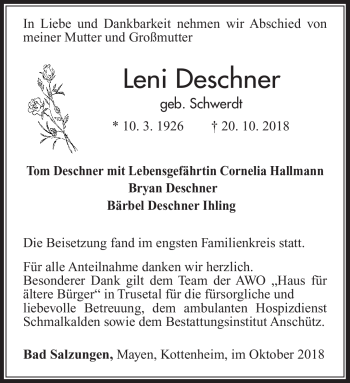 Traueranzeige von Leni Deschner von Südthüringer Presse