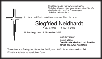 Traueranzeige von Siegfried Neidhardt von Frankenpost
