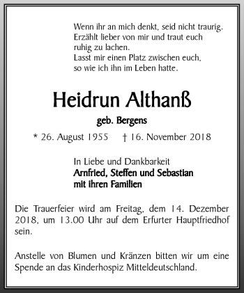 Traueranzeige von Heidrun Althanß von Südthüringer Presse