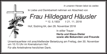 Traueranzeige von Hildegard Häusler von Frankenpost