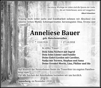 Traueranzeige von Anneliese Bauer von Südthüringer Presse