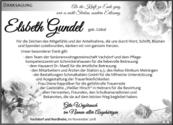 Traueranzeige von Elsbeth Gundel von Südthüringer Presse