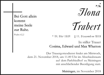 Traueranzeige von Ilona Trabert von Südthüringer Presse