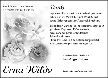 Traueranzeige von Erna Wilde von Südthüringer Presse