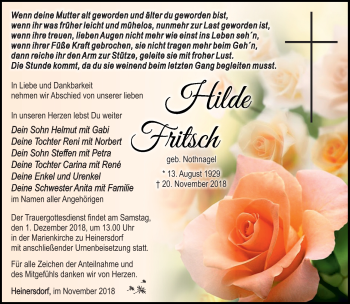 Traueranzeige von Hilde Fritsch von Südthüringer Presse
