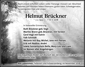 Traueranzeige von Helmut Brückner von Südthüringer Presse