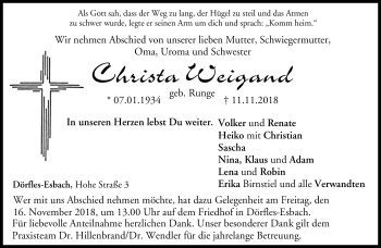 Traueranzeige von Christa Weigand von Neue Presse Coburg