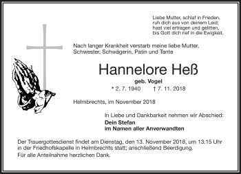 Traueranzeige von Hannelore Heß von Frankenpost