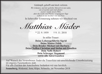 Traueranzeige von Matthias Mäder von Südthüringer Presse