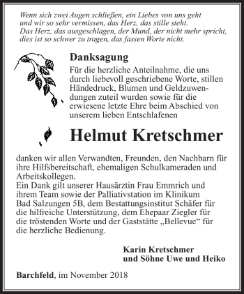 Traueranzeige von Helmut Kretschmer von Südthüringer Presse