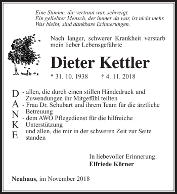 Traueranzeige von Dieter Kettler von Südthüringer Presse
