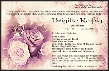 Traueranzeige von Brigitte Reißig von Südthüringer Presse