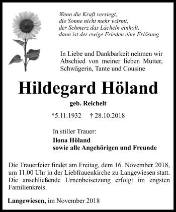 Traueranzeige von Hildegard Höland von Südthüringer Presse