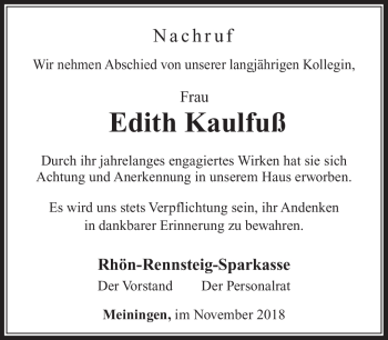 Traueranzeige von Edith Kaulfuß von Südthüringer Presse