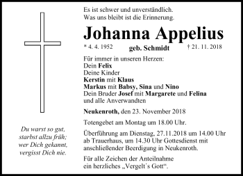 Traueranzeige von Johanna Appelius von Neue Presse Coburg