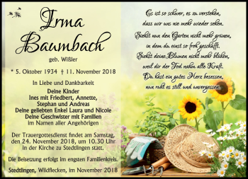 Traueranzeige von Irma Baumbach von Südthüringer Presse
