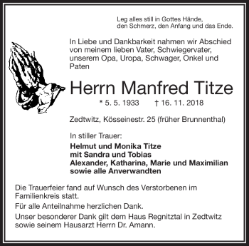 Traueranzeige von Manfred Titze von Frankenpost