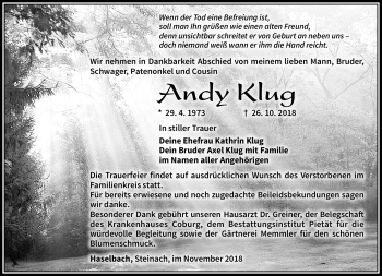 Traueranzeige von Andy Klug von Südthüringer Presse