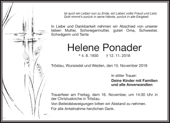 Traueranzeige von Helene Ponader von Frankenpost