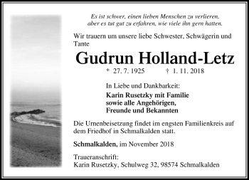 Traueranzeige von Gudrun Holland-Letz von Südthüringer Presse