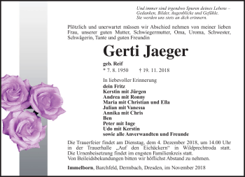 Traueranzeige von Gerti Jaeger von Südthüringer Presse