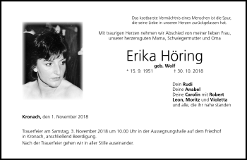 Traueranzeige von Erika Höring von Neue Presse Coburg