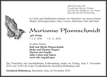 Traueranzeige von Marianne Pfannschmidt von Südthüringer Presse