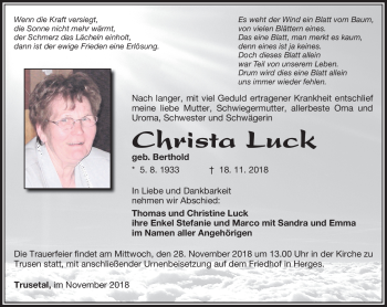 Traueranzeige von Christa Luck von Südthüringer Presse