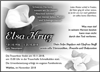 Traueranzeige von Elsa Krug von Südthüringer Presse