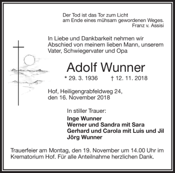 Traueranzeige von Adolf Wunner von Frankenpost