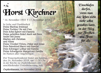 Traueranzeige von Horst Kirchner von Südthüringer Presse