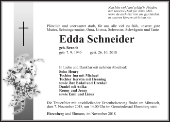 Traueranzeige von Edda Schneider von Südthüringer Presse