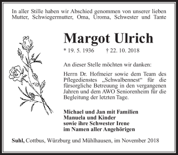 Traueranzeige von Margot Ulrich von Südthüringer Presse