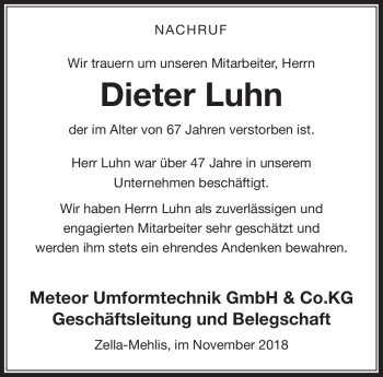 Traueranzeige von Dieter Luhn von Südthüringer Presse
