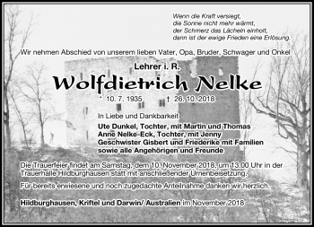 Traueranzeige von Wolfdietrich Nelke von Südthüringer Presse