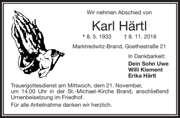 Traueranzeige von Karl Härtl von Frankenpost